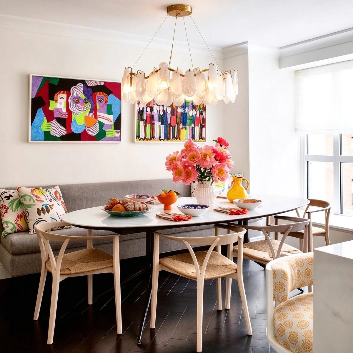 Modern Feather Wave Art Glass Chandelier Over Dining Nook
