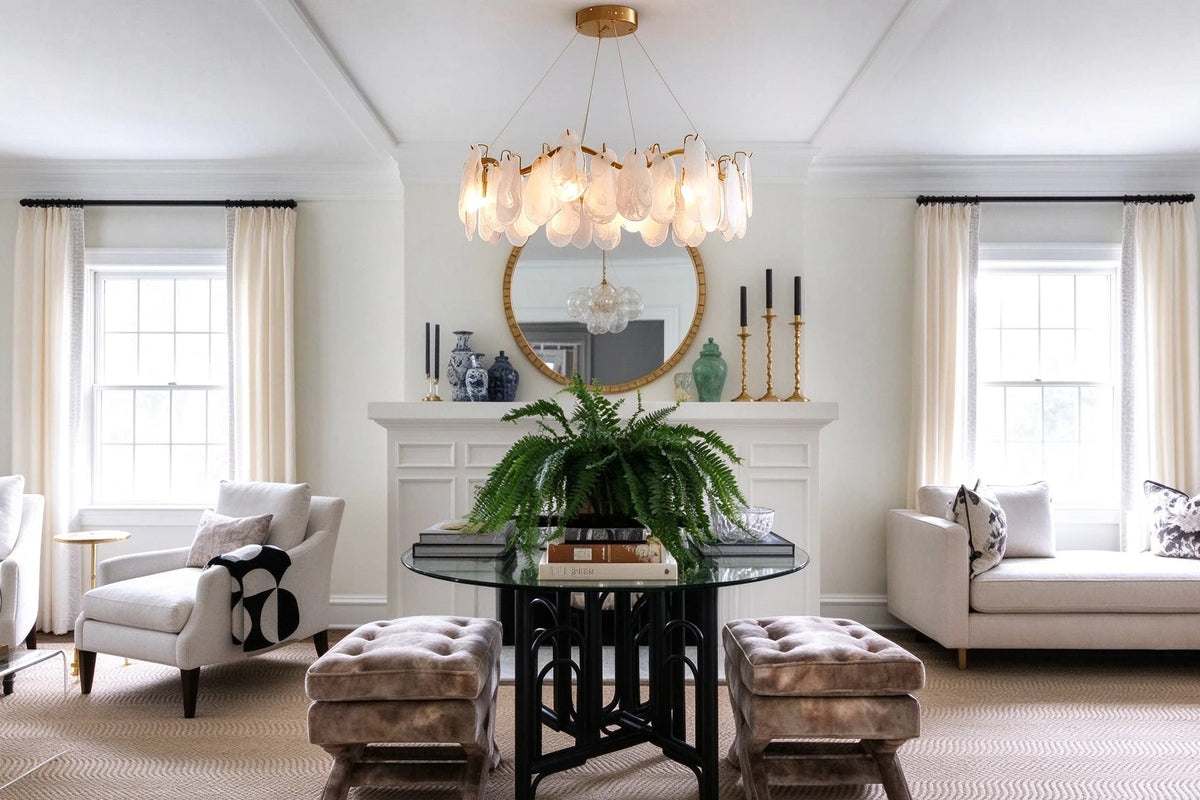 Modern Brass Feather Wave Chandelier in Grand Hallway Foyer