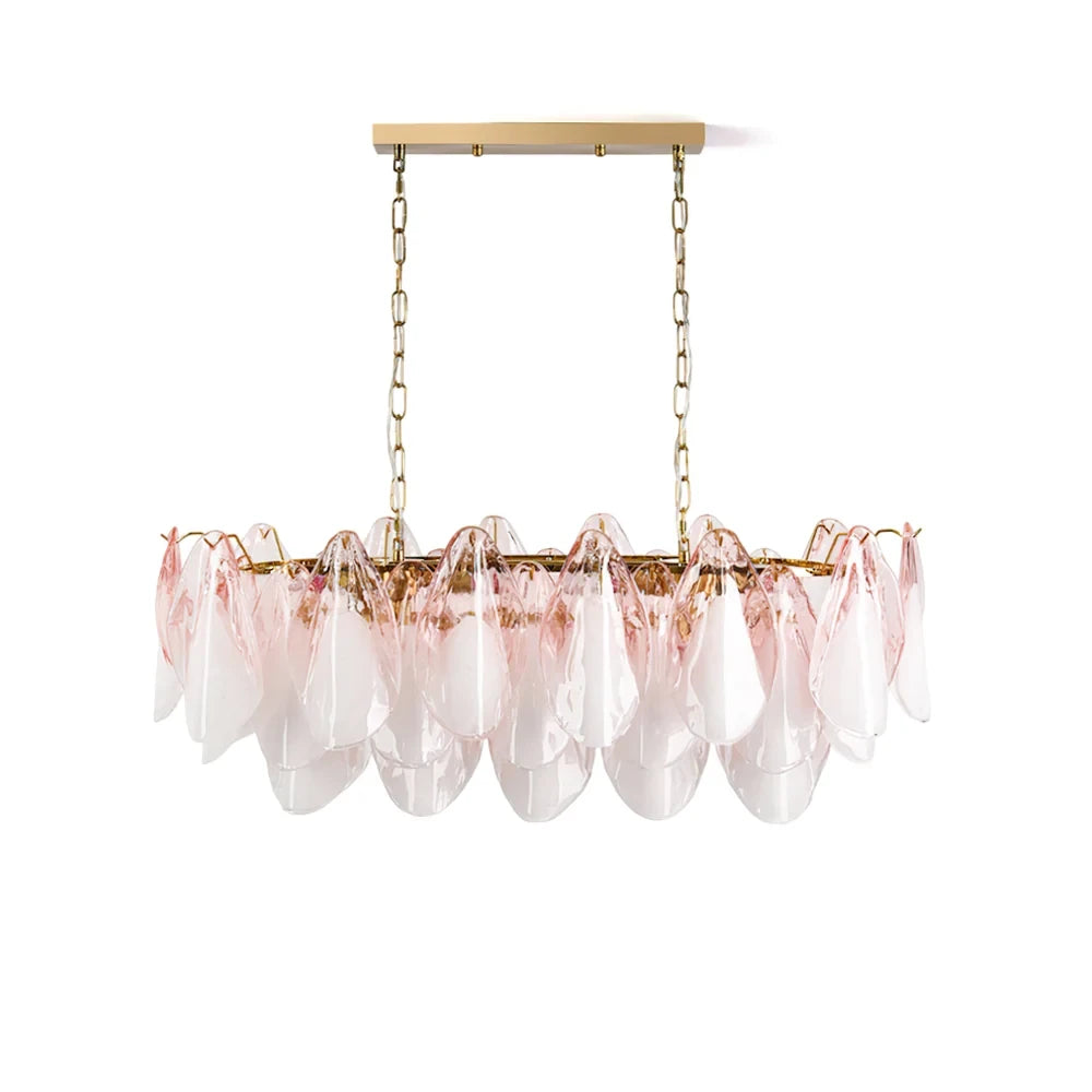 Modern Pink Gradient Petal Art Glass Chandelier with Brass Canopy on Pure White Background