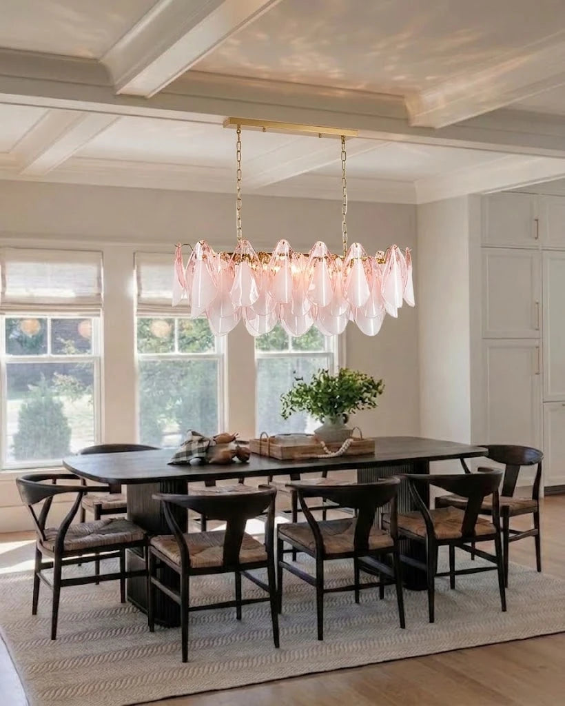 Modern Pink Gradient Petal Art Glass Chandelier in Bright Dining Area