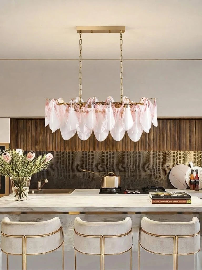 Modern Pink Gradient Petal Chandelier Over Kitchen Breakfast Bar