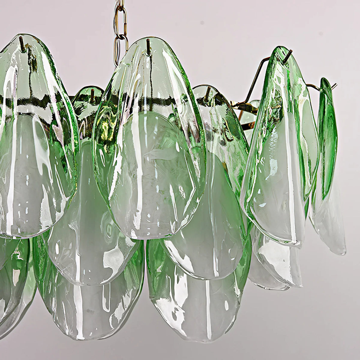 Close Up View of Illuminated Green Gradient Petal Art Glass Chandelier