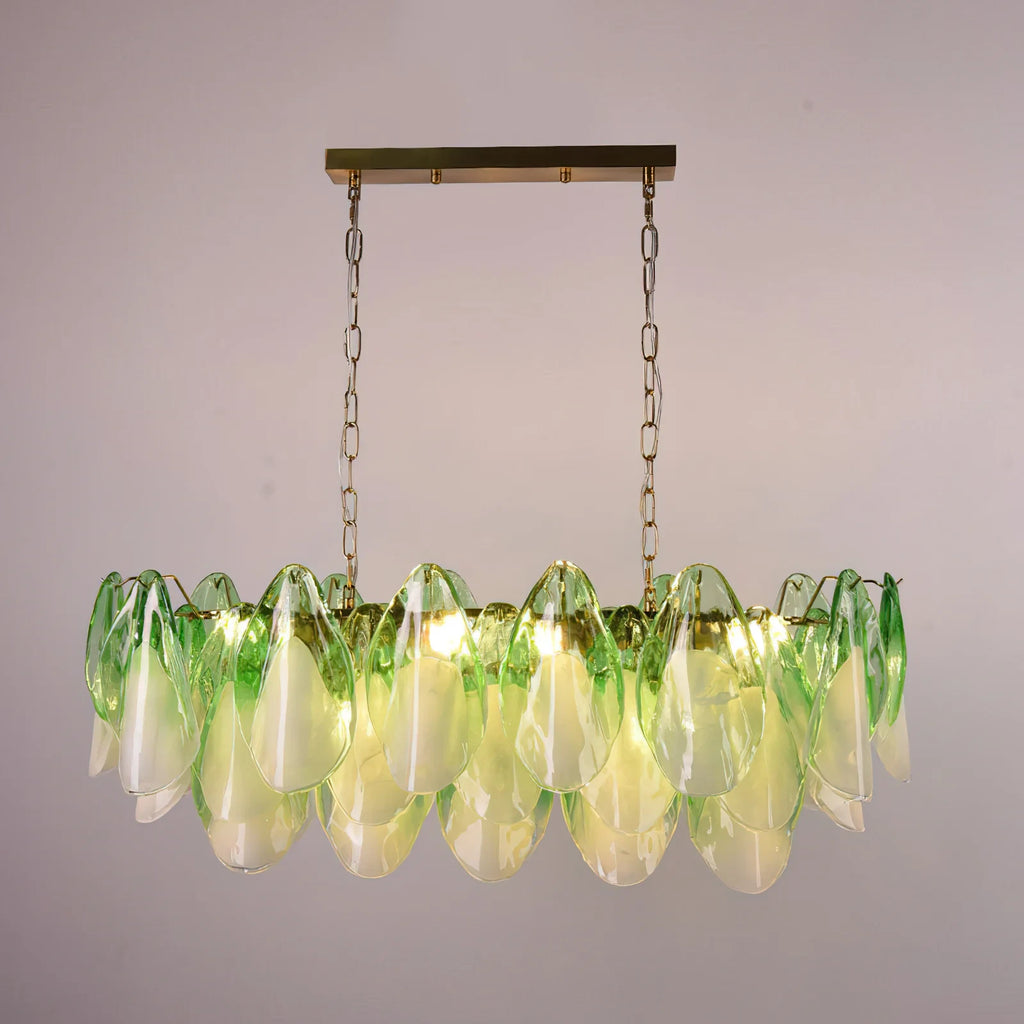 Illuminated Modern Green Gradient Petal Art Glass Chandelier Studio Shot