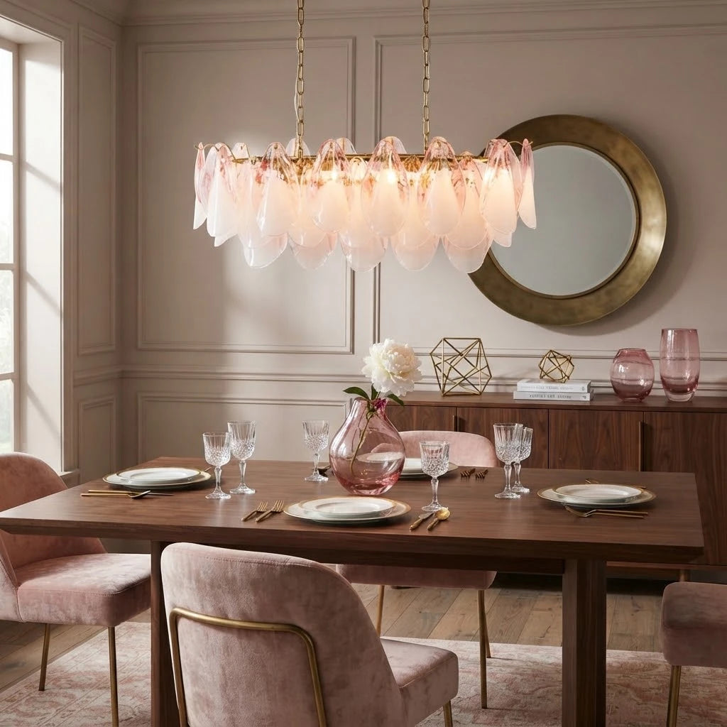 Modern Pink Gradient Petal Chandelier in Elegant Dining Area
