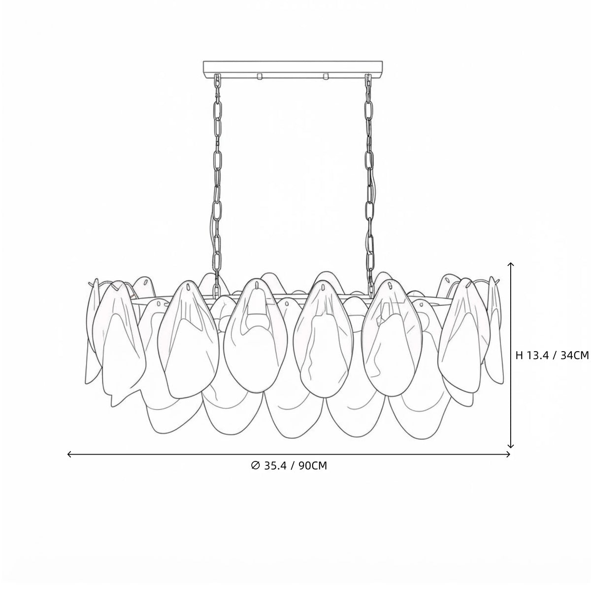 Modern Gradient Petal Art Glass Chandelier Line Art Dimension Diagram