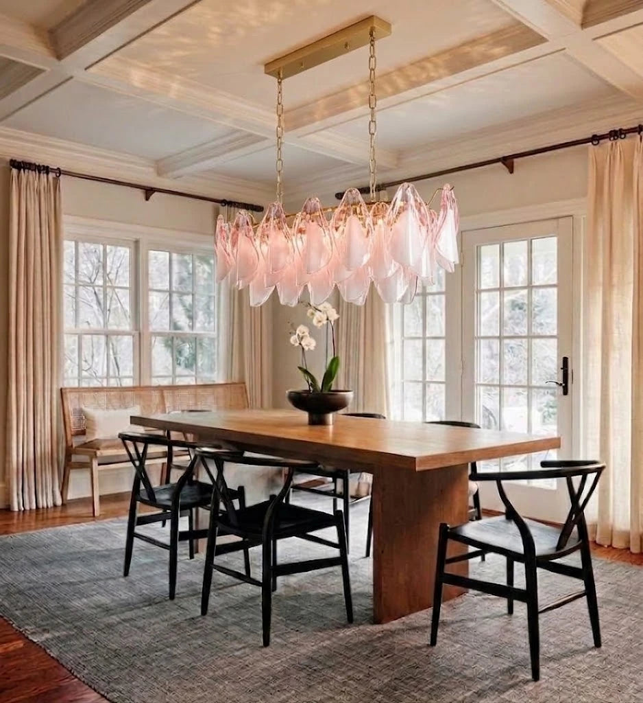 Modern Pink Gradient Petal Art Glass Chandelier in Contemporary Dining Room