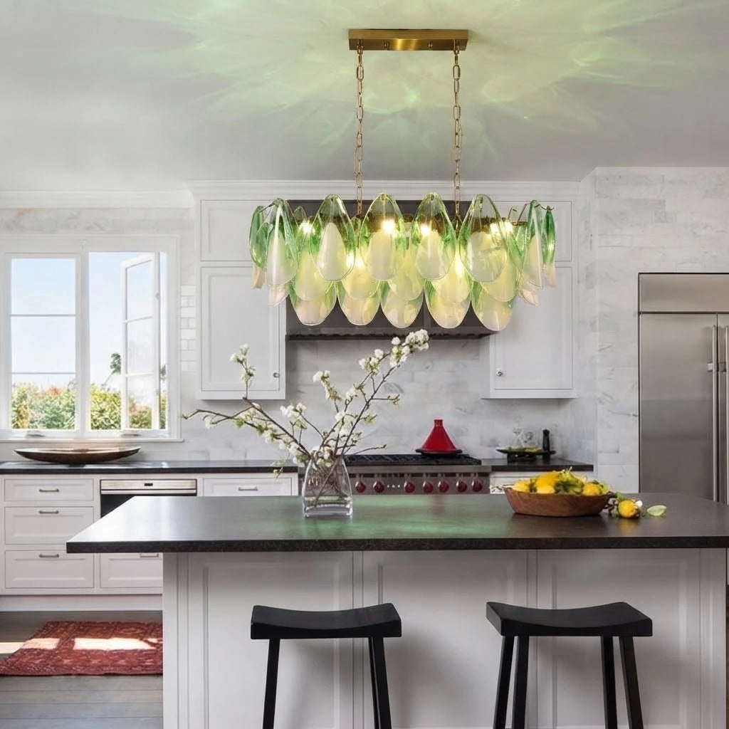 Modern Green Gradient Petal Art Glass Chandelier Over Kitchen Island