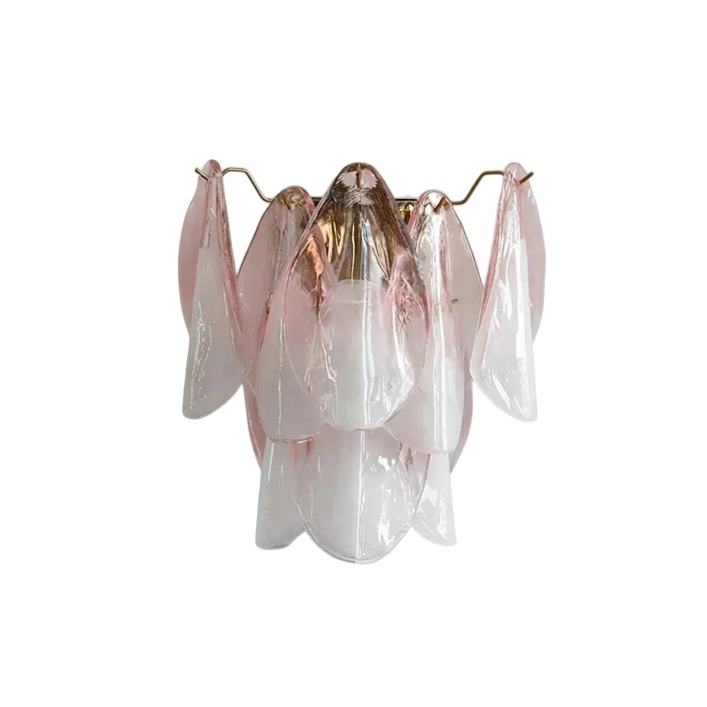 Modern Pink Gradient Petal Art Glass Wall Sconce with Brass Hardware on Pure White Background