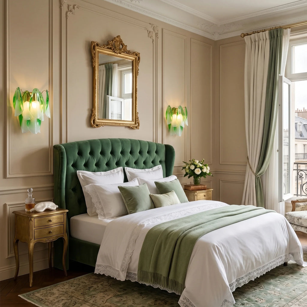 Modern Green Gradient Petal Wall Sconces in Vintage Bedroom