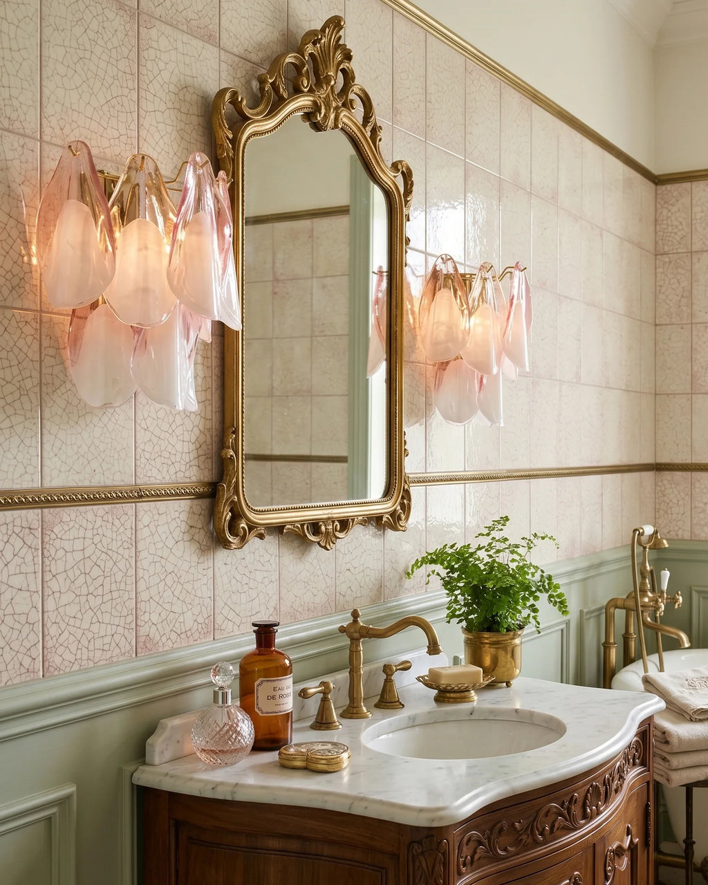 Modern Art Glass Wall Sconces in Classic Bathroom Setting