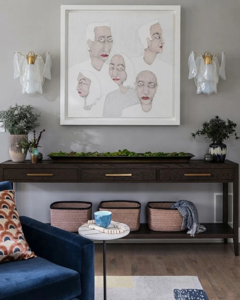 Modern Gradient Petal Wall Sconces Over Credenza and Artwork