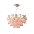 Modern Pink Pearl Petal Art Glass Chandelier with Silver Canopy on Pure White Background