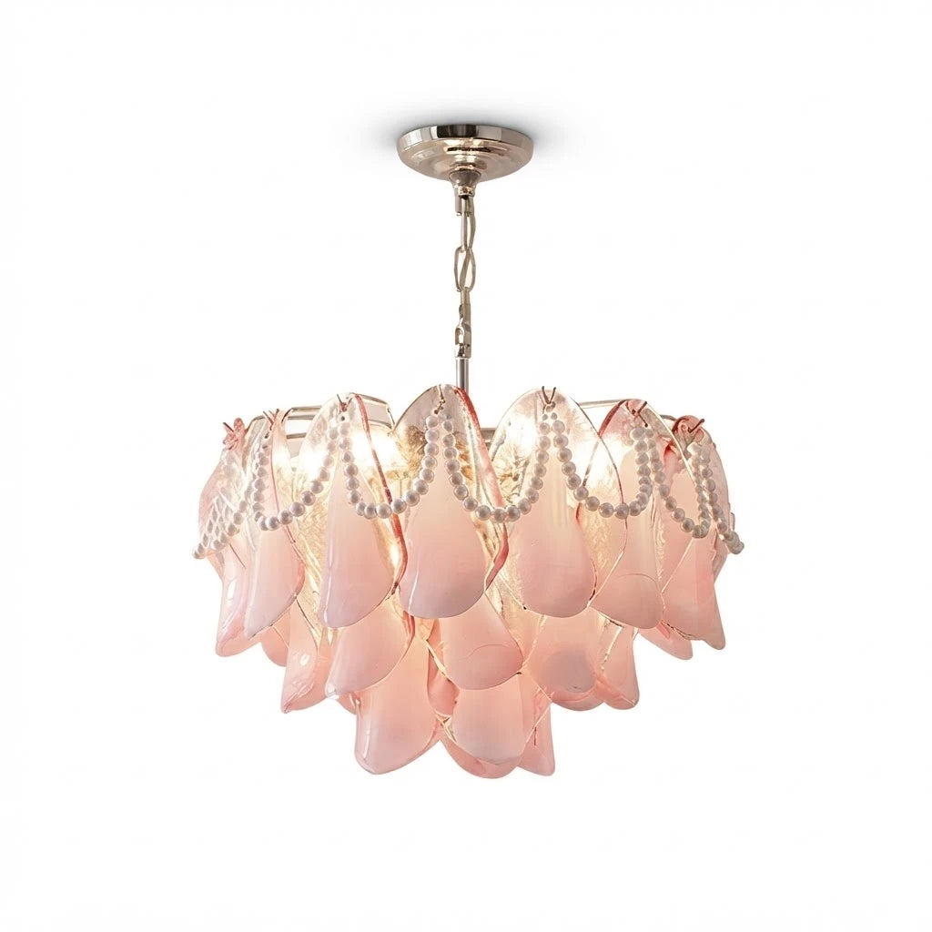 Modern Pink Pearl Petal Art Glass Chandelier with Silver Canopy on Pure White Background