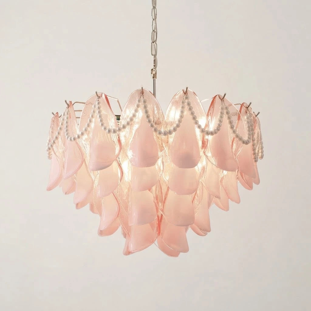 Illuminated Modern Pink Pearl Art Glass Chandelier Studio Shot
