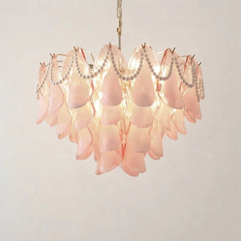 Illuminated Modern Pink Pearl Petal Chandelier Studio Display