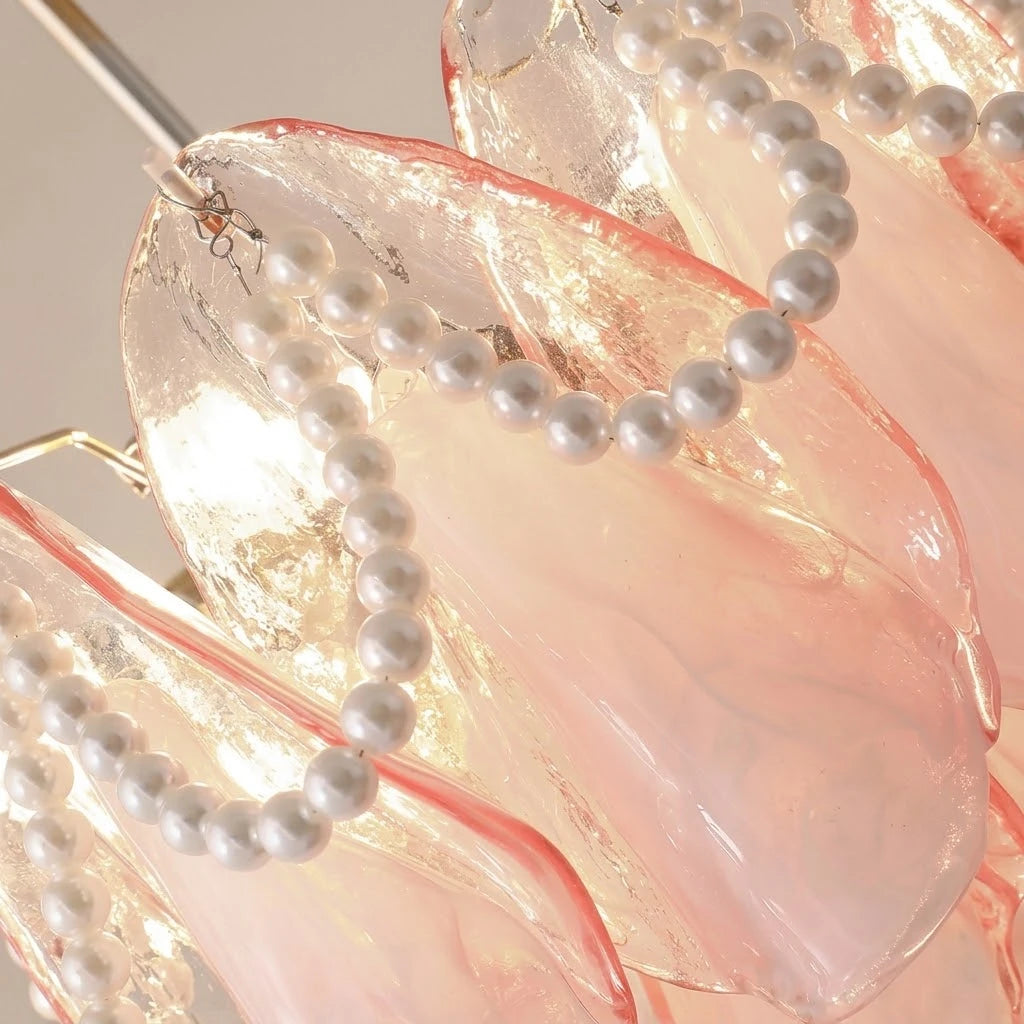 Close Up View of Pink Petals and Pearl Bead String Decoration