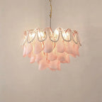 Illuminated Modern Pink Pearl Petal Art Glass Chandelier Studio Shot