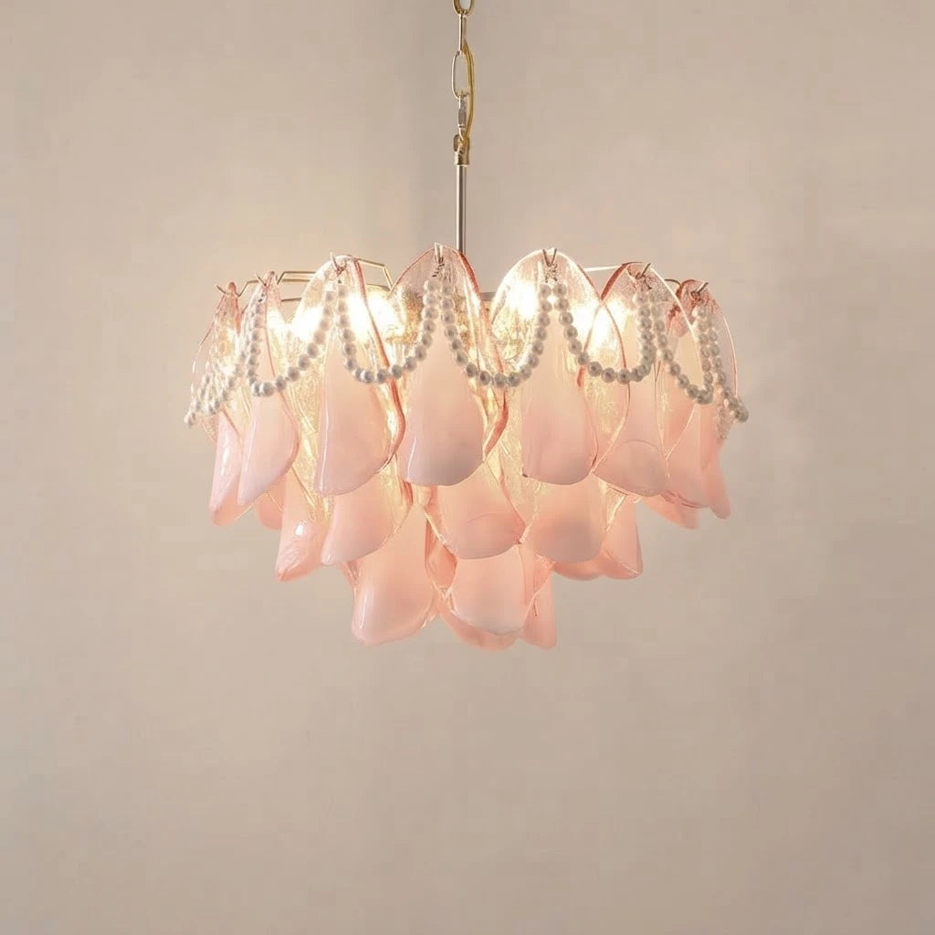 Illuminated Modern Pink Pearl Petal Art Glass Chandelier Studio Shot