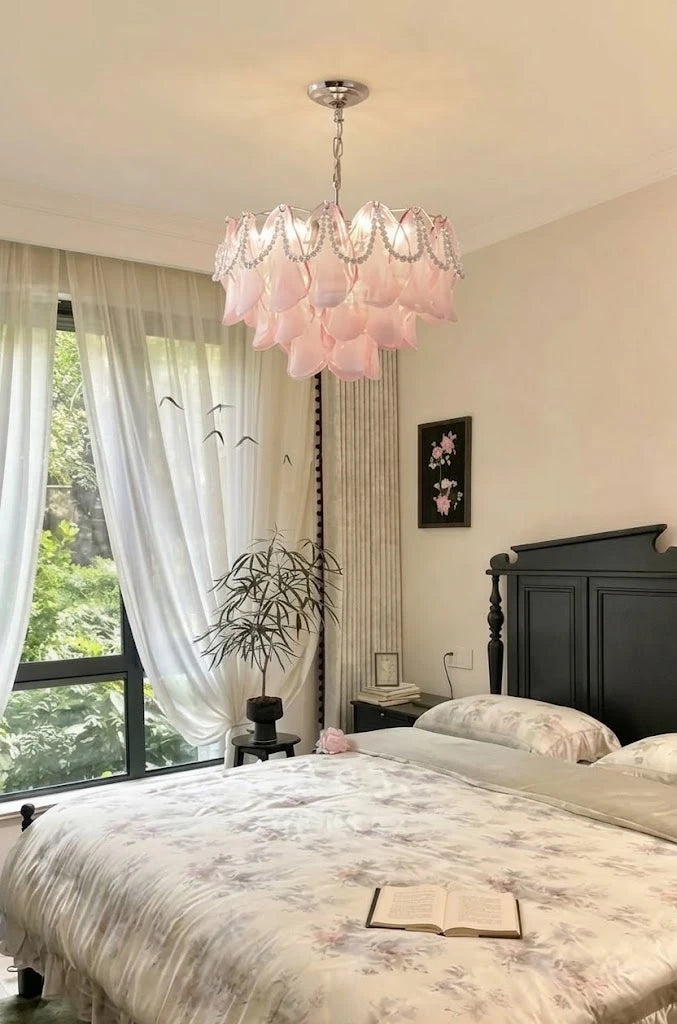 Modern Pink Pearl Art Glass Chandelier in Master Bedroom Setting