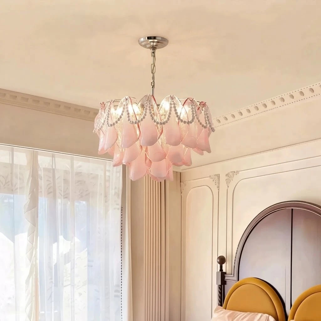 Modern Pink Pearl Petal Chandelier in Elegant Bedroom Interior