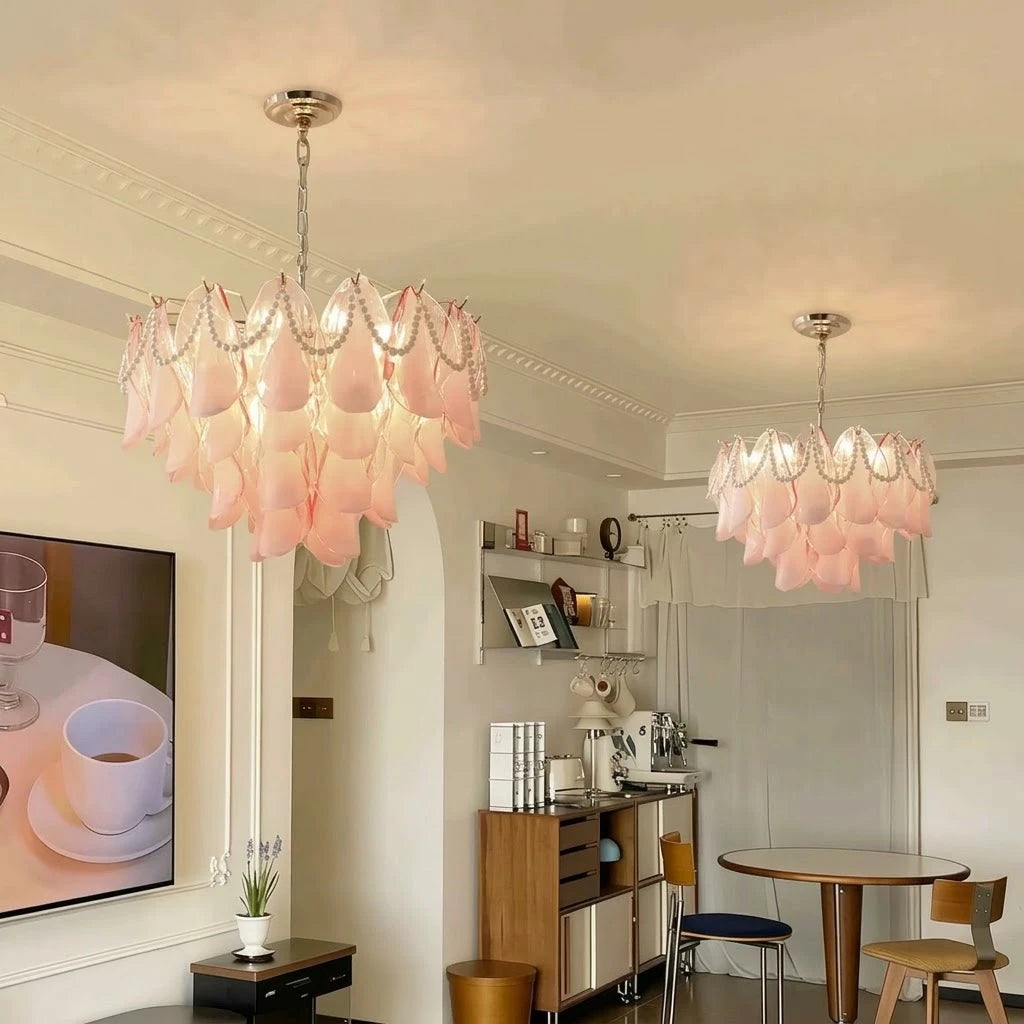 Modern Pink Pearl Art Glass Chandelier in Open Living Area