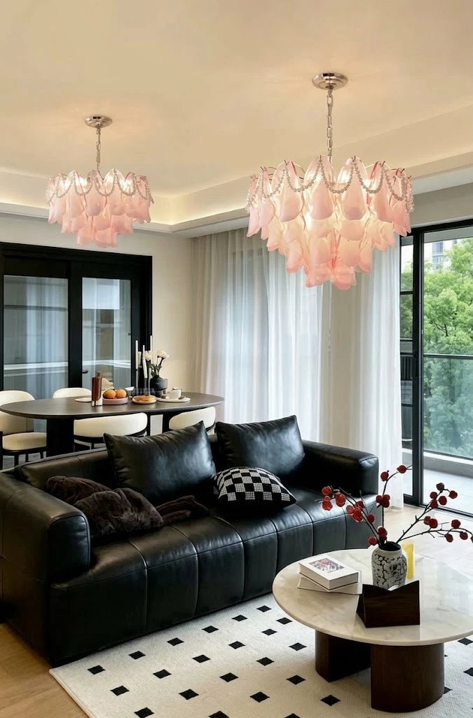 Modern Pink Pearl Petal Chandelier in Modern Living Room