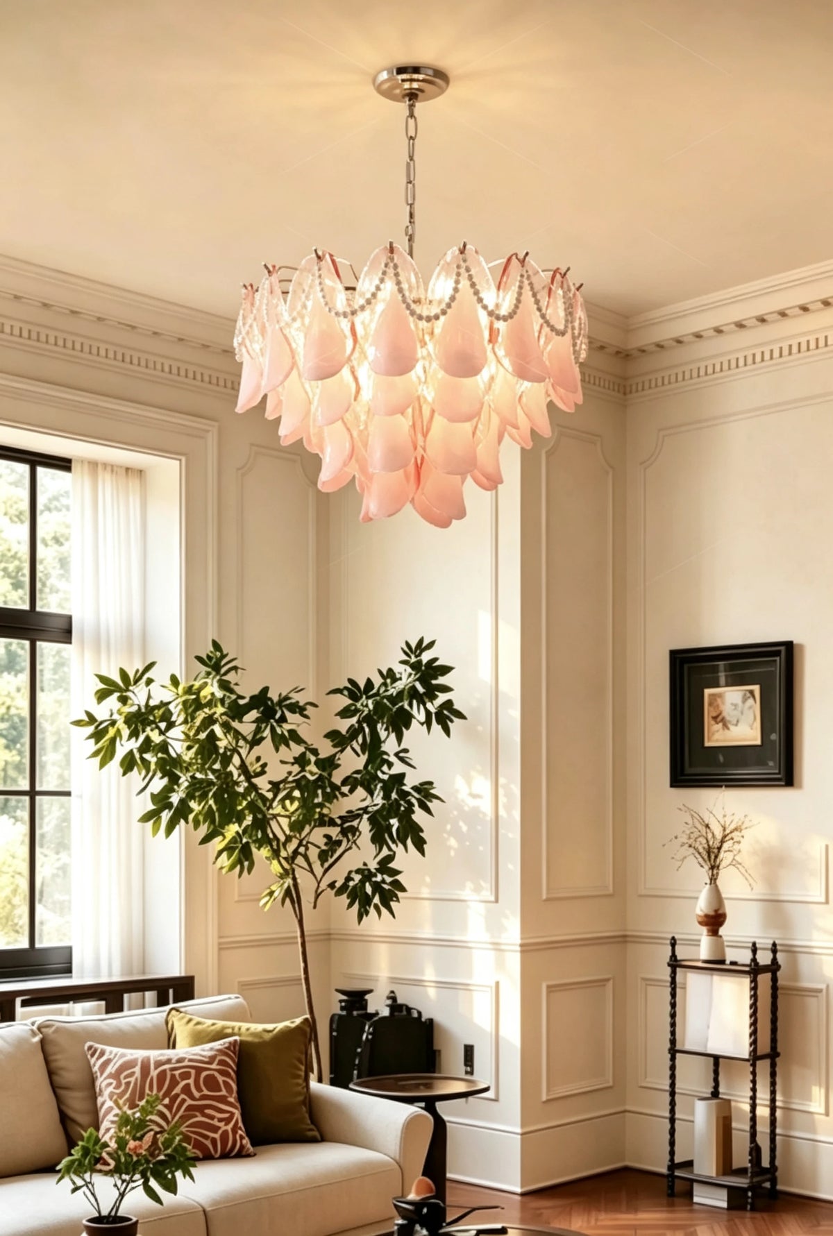 Modern Pink Pearl Art Glass Chandelier in Bright Living Space