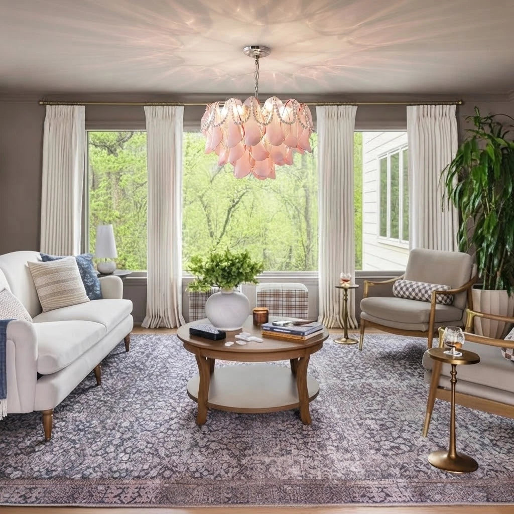 Modern Pink Pearl Petal Chandelier in Cozy Living Room