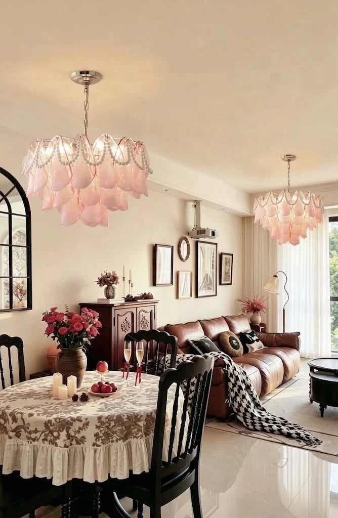 Modern Pink Pearl Art Glass Chandelier Over Round Dining Table