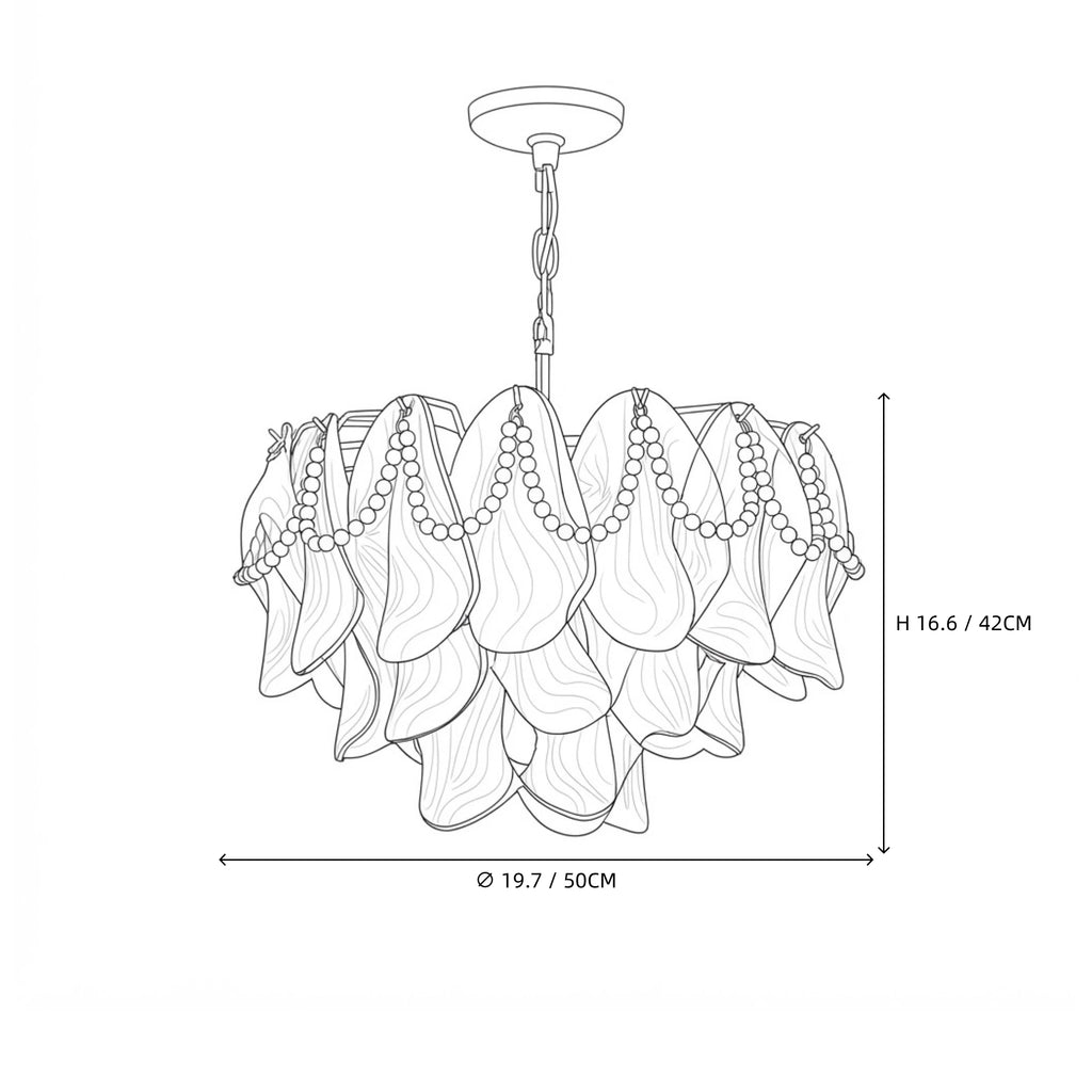 Modern Small Pink Pearl Petal Chandelier Line Art Dimension Diagram