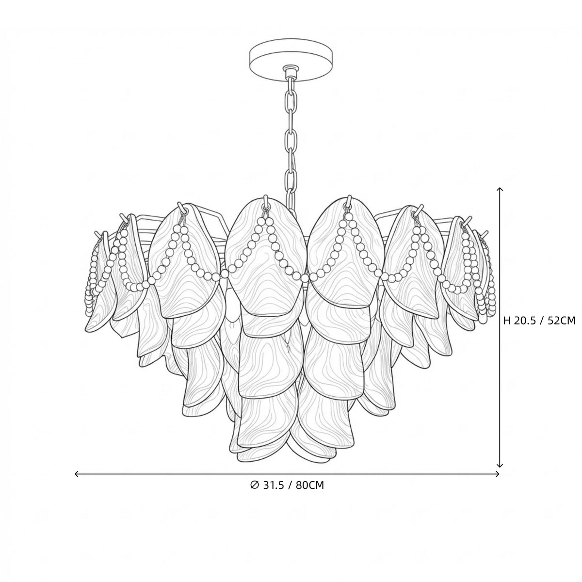 Modern Large Pink Pearl Petal Chandelier Line Art Dimension Diagram