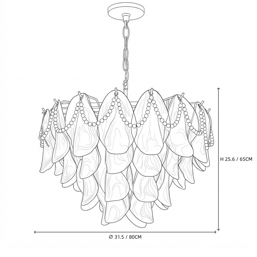 Modern Extra Large Pink Pearl Petal Chandelier Line Art Dimension Diagram