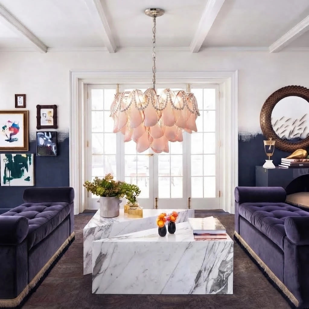 Modern Pink Pearl Petal Art Glass Chandelier in Luxury Living Room