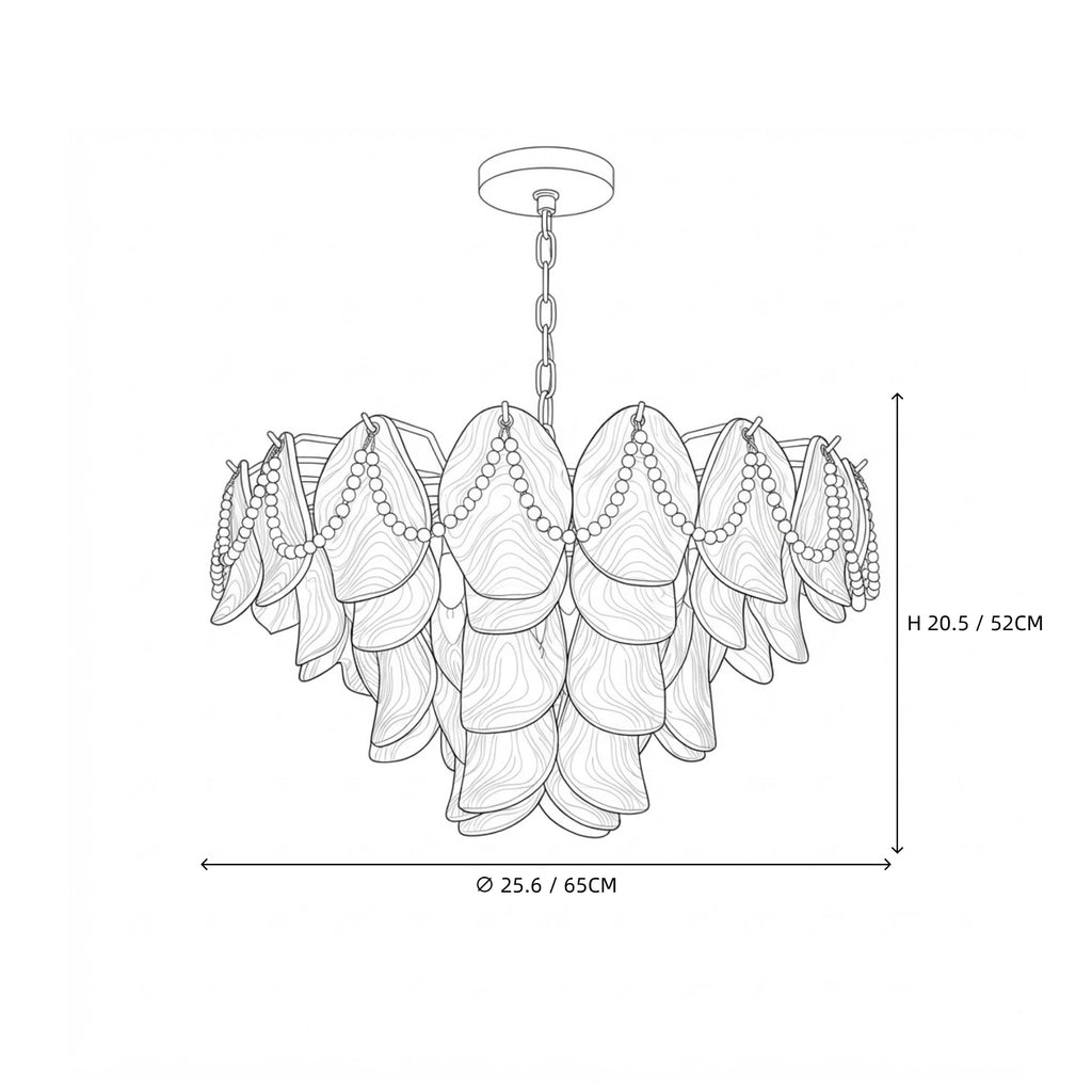 Modern Medium Pink Pearl Petal Chandelier Line Art Dimension Diagram