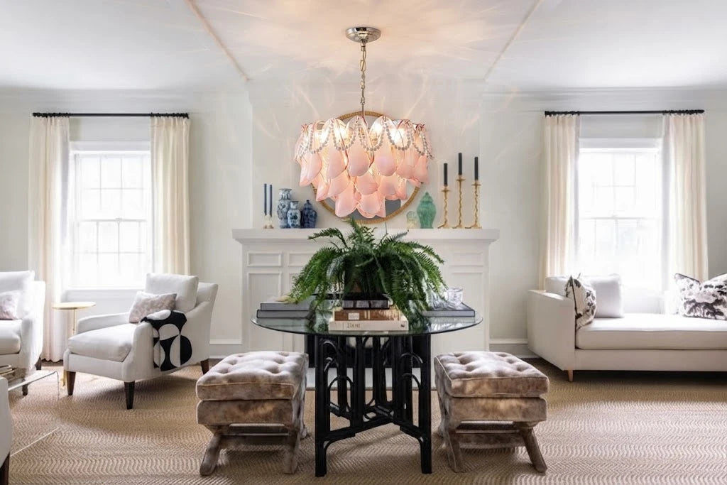 Modern Pink Pearl Art Glass Chandelier in Contemporary Living Space