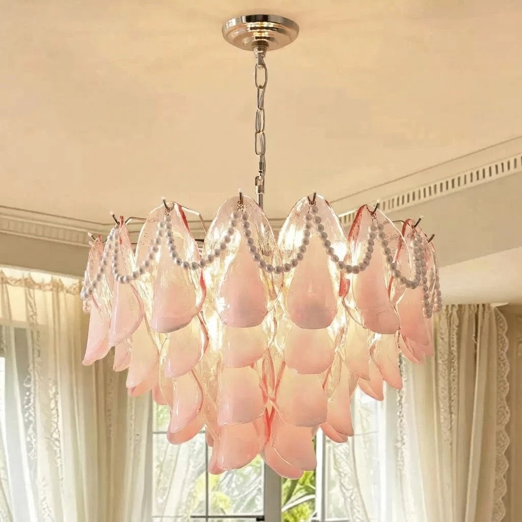 Modern Pink Pearl Petal Chandelier Near Window Light