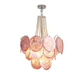 Modern Pink Disc Art Glass Chandelier with Silver Canopy on Pure White Background