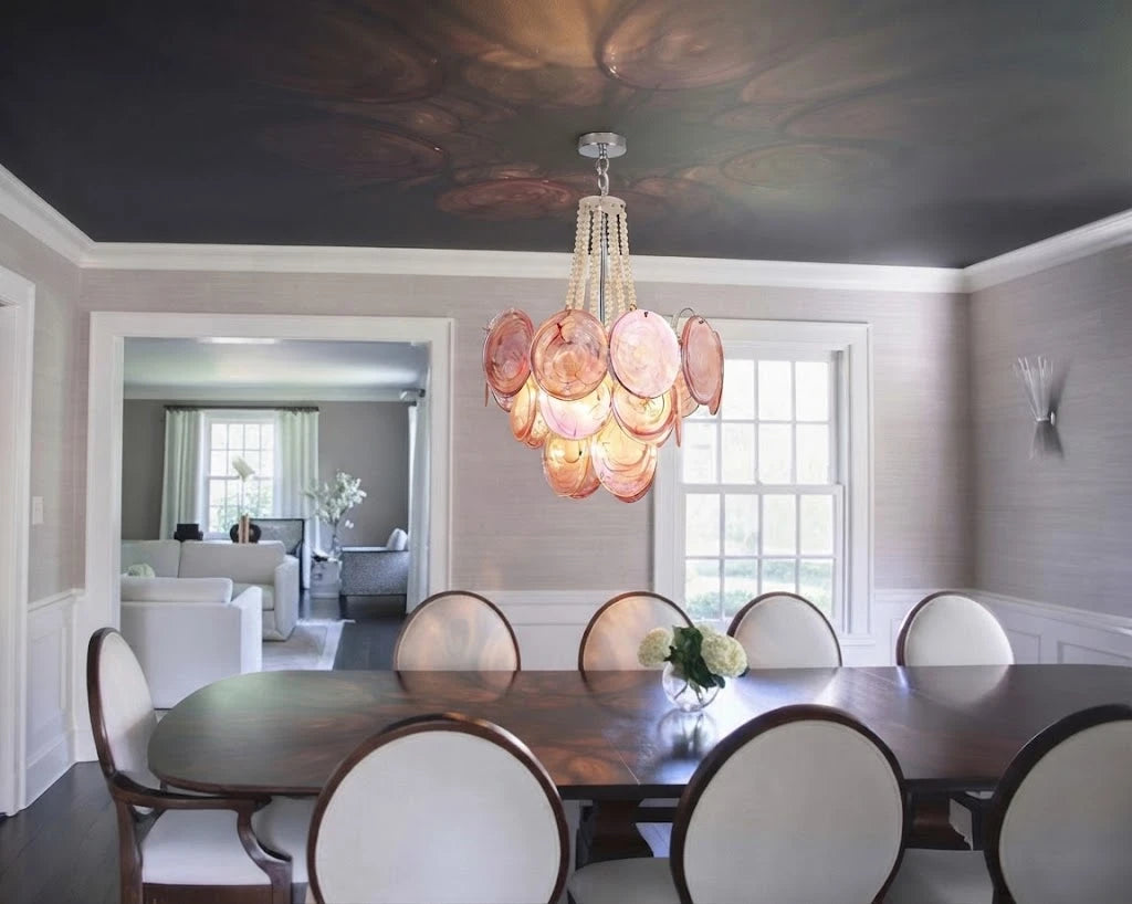Modern Pink Disc Art Glass Chandelier in Open Plan Dining Room