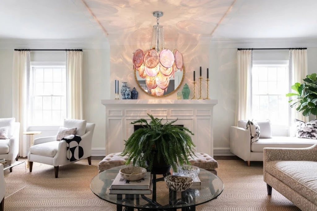 Modern Pink Disc Chandelier in Classic Interior Setting