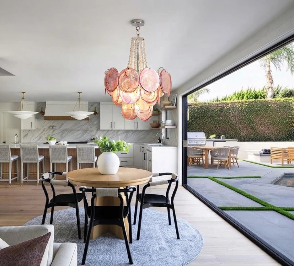 Modern Pink Disc Art Glass Chandelier Over Kitchen Dining Area
