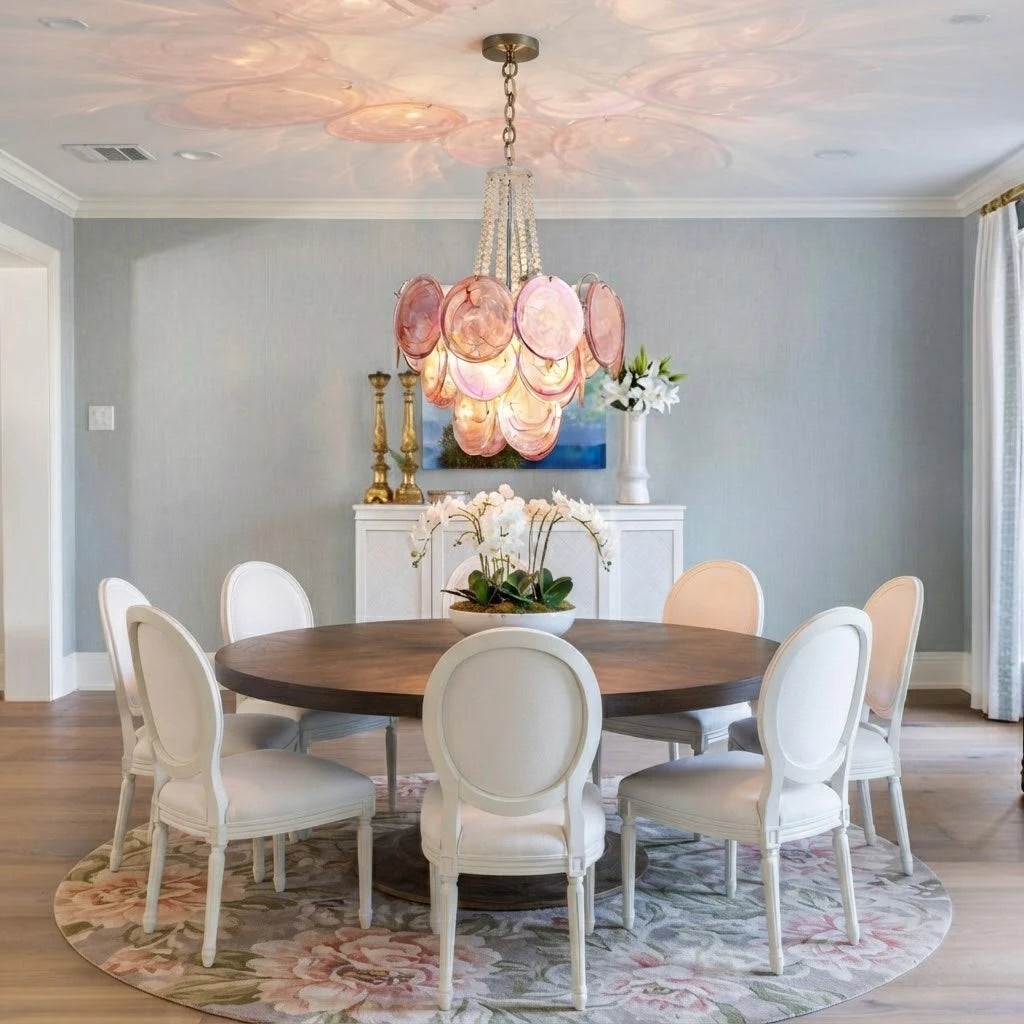 Modern Pink Disc Art Glass Chandelier Over Round Dining Table