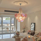 Modern Pink Disc Chandelier in Bright Living Room