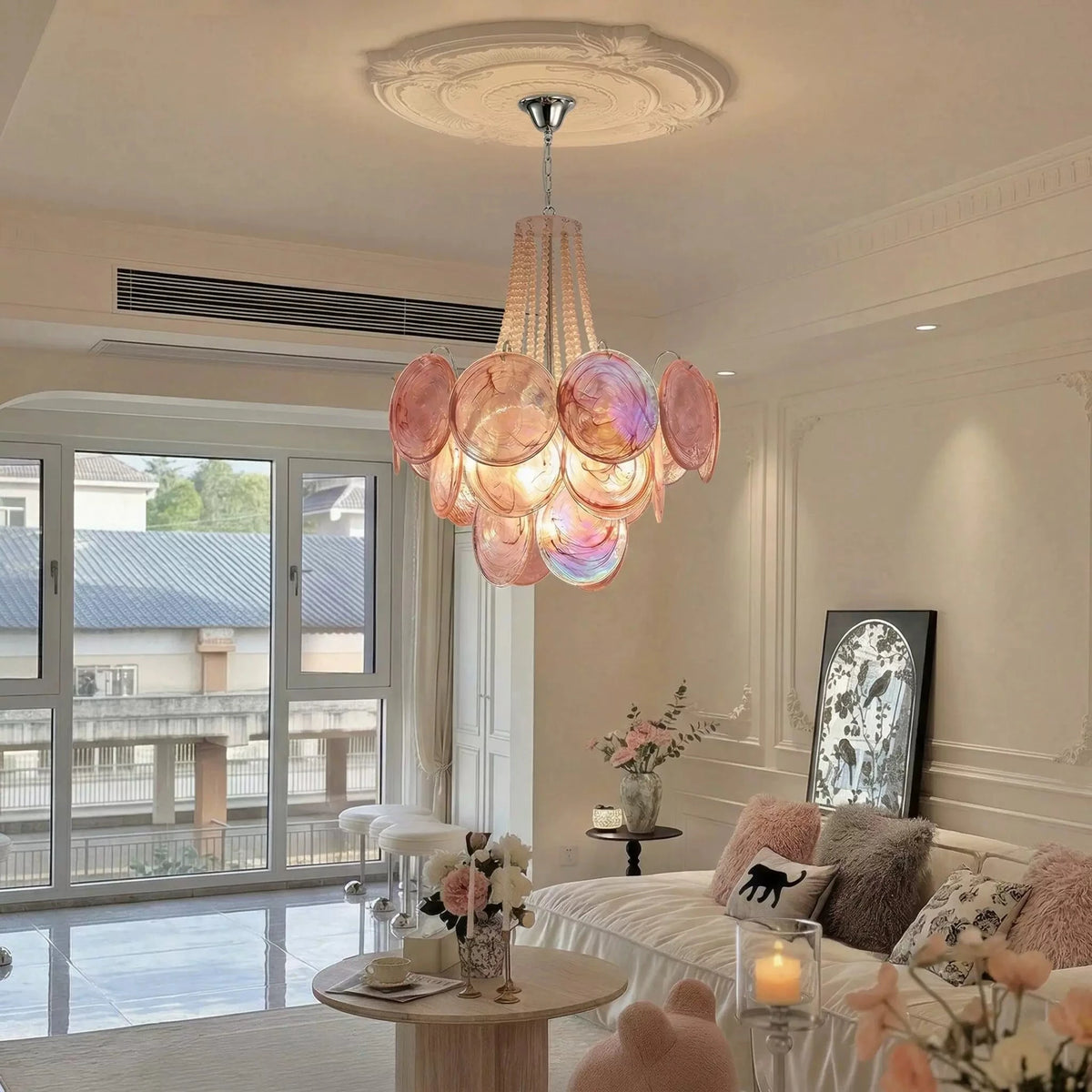 Modern Pink Disc Chandelier in Bright Living Room