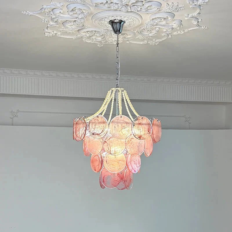 Illuminated Modern Multi-Tier Pink Disc Chandelier Studio Shot