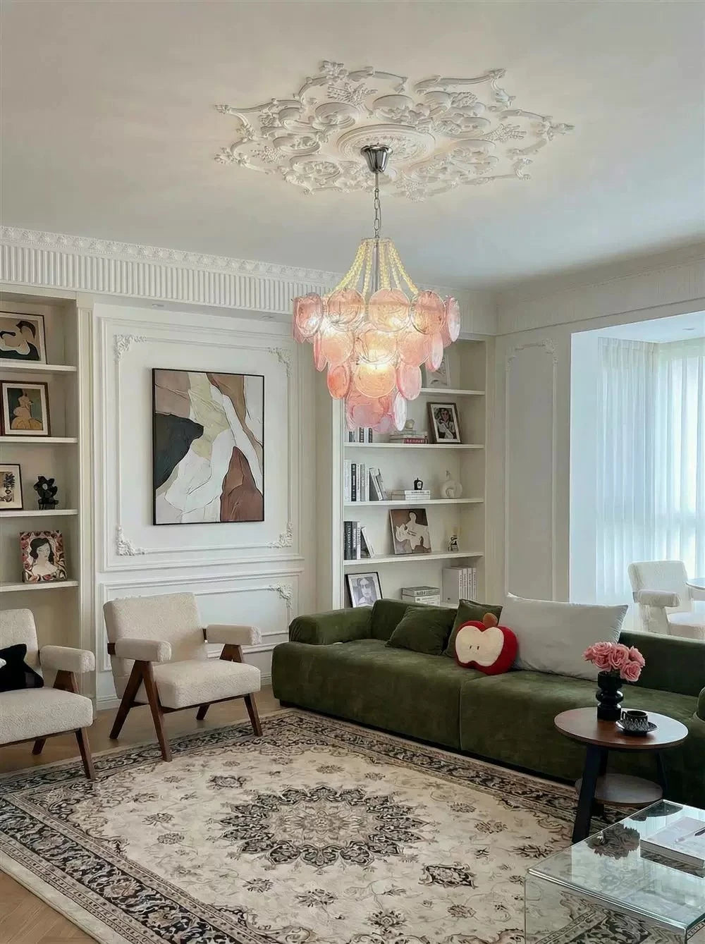 Modern Pink Disc Art Glass Chandelier in Elegant Living Room