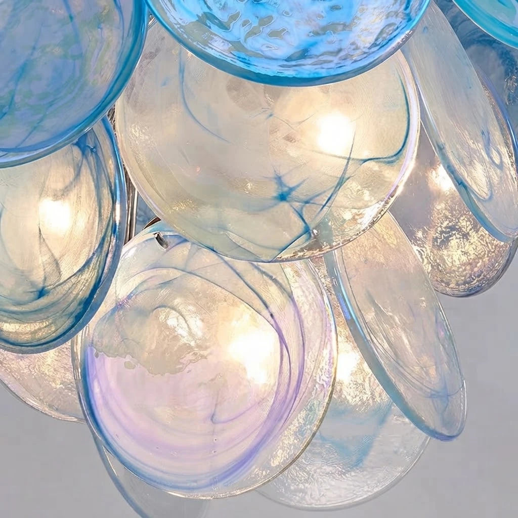 Illuminated Modern Blue Disc Art Glass Chandelier Studio Shot
