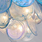 Illuminated Modern Blue Disc Art Glass Chandelier Studio Shot