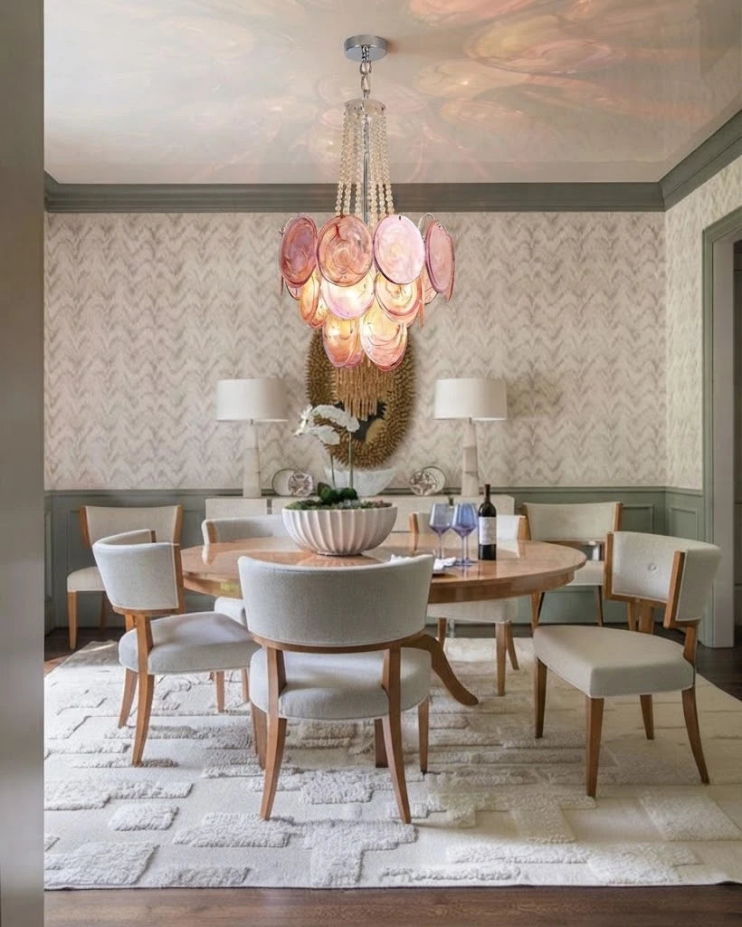 Modern Pink Disc Chandelier in Formal Dining Room
