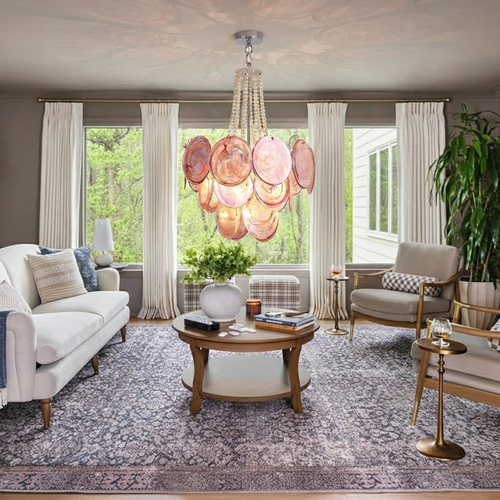 Modern Pink Disc Art Glass Chandelier in Contemporary Living Space
