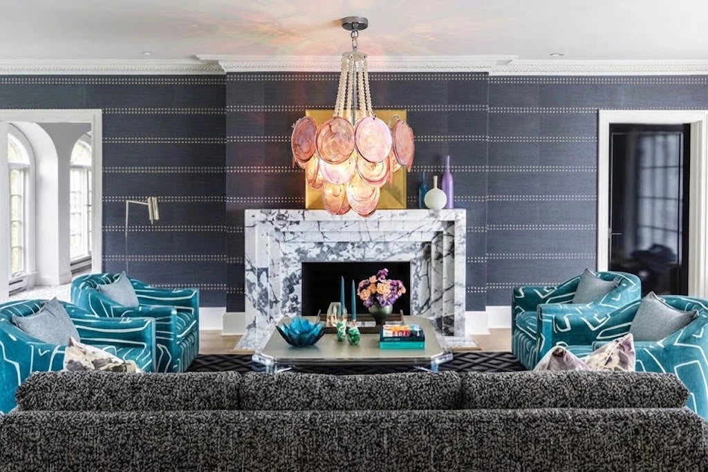 Modern Pink Disc Chandelier in Luxury Living Room